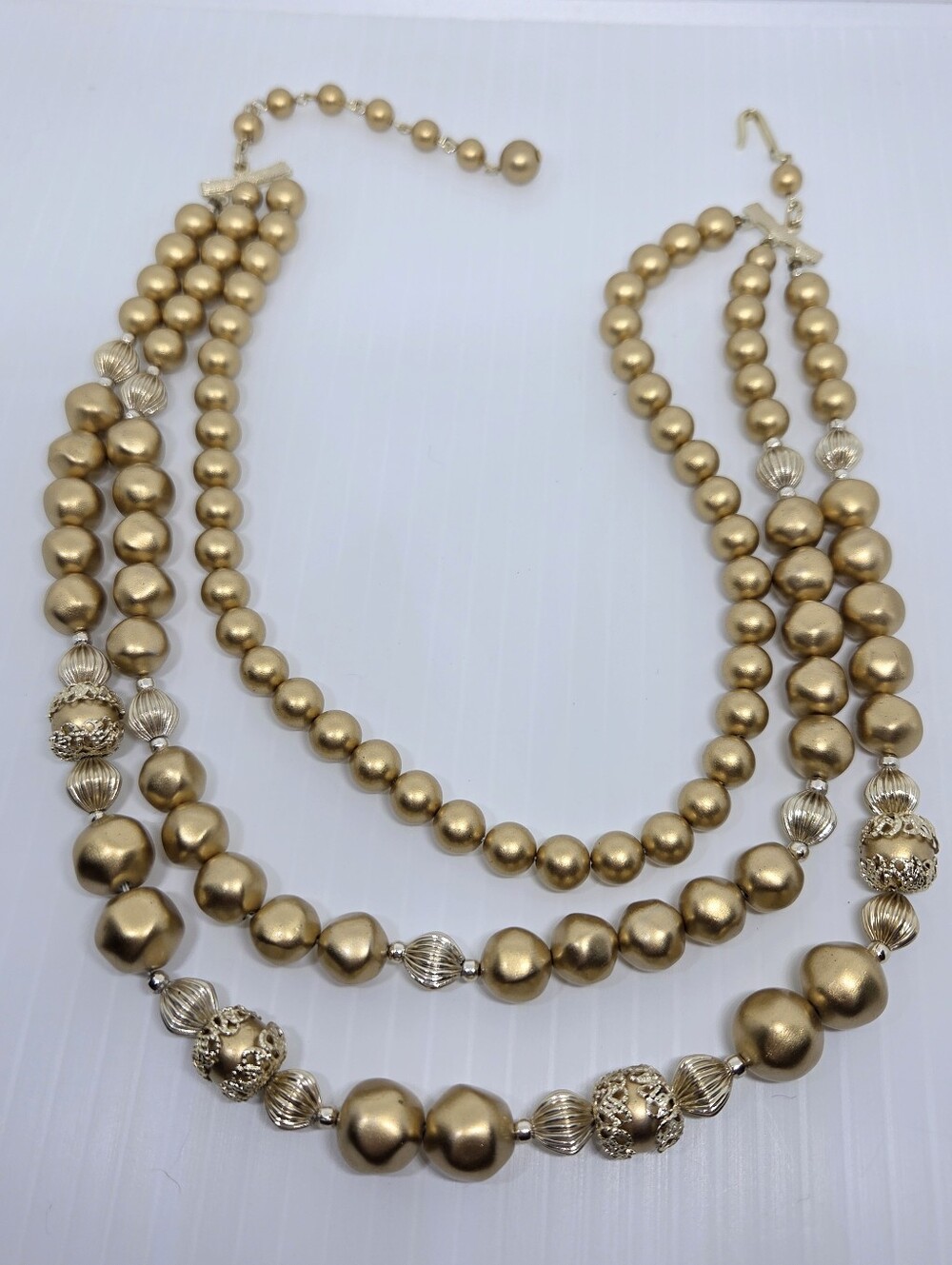 * Vintage Japan 3 Strand Gold Tone Beaded Necklace
